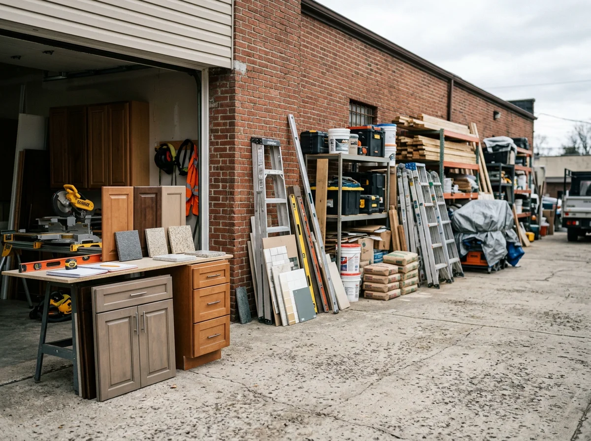 Professional home renovation workspace with tools, materials, and equipment ready for interior and exterior projects.