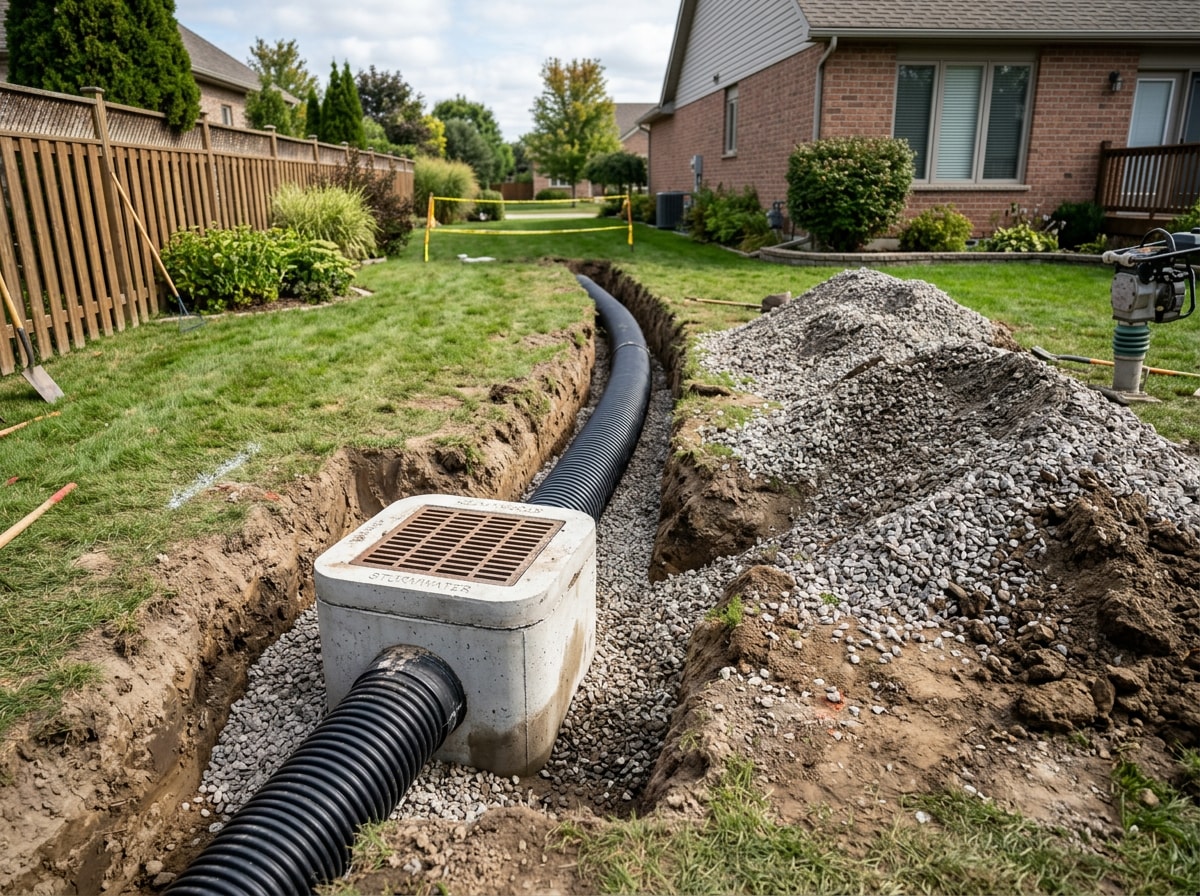 Drainage and grading equipment installing a stormwater system on a Wyckoff, NJ property