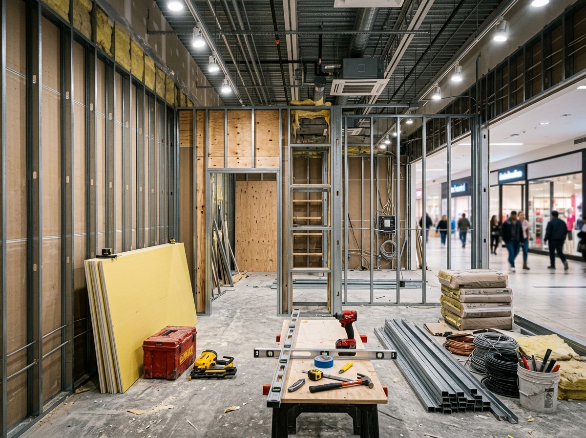 Commercial construction crew working on a retail build-out in Paramus, NJ