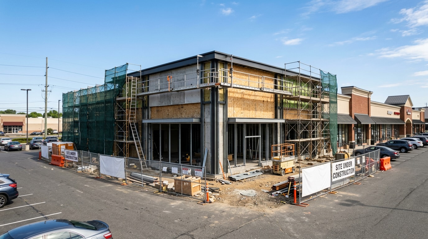 Commercial construction site at a retail storefront in Paramus, NJ