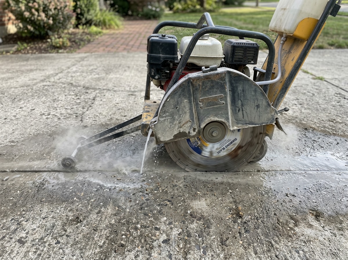 Technician using a slab saw to perform a flat concrete cut on a residential driveway