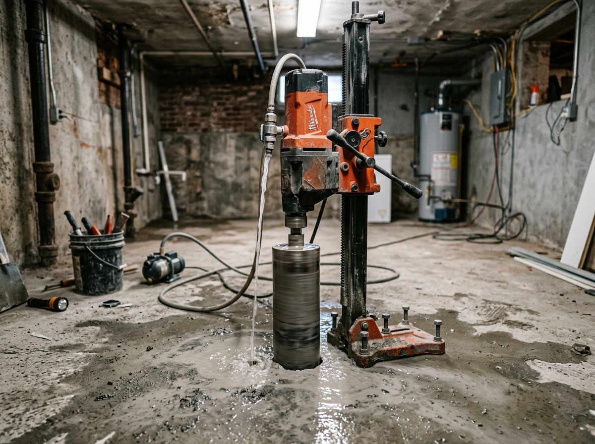 Professional concrete cutting technician operating core drilling equipment on a residential jobsite