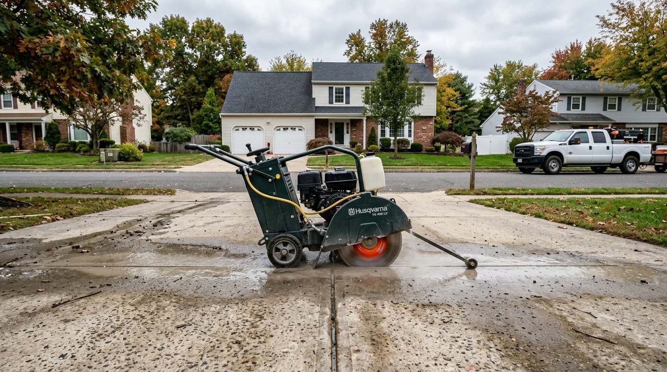Diamond blade saw cutting a concrete driveway slab on a residential jobsite Diamond blade saw cutting a concrete driveway slab on a residential jobsite
