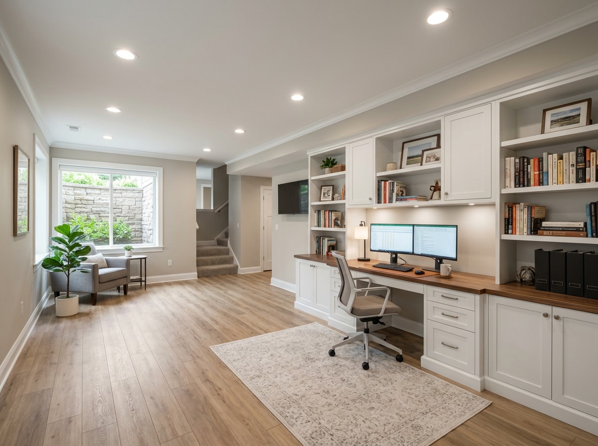 Finished basement home office with new flooring, recessed lighting, and built-in cabinetry