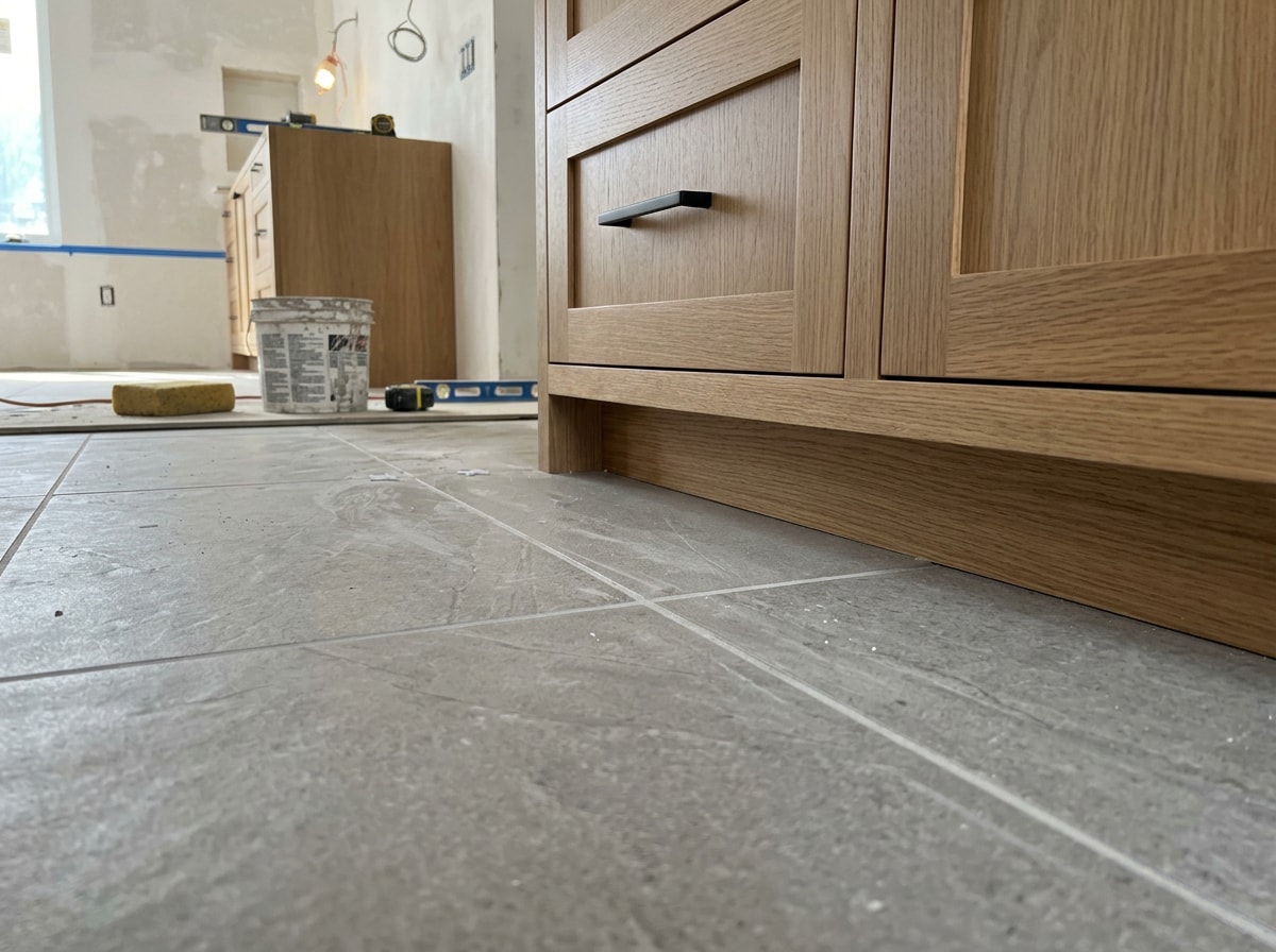 Close-up of new tile flooring and cabinetry installed during a residential interior fit-out