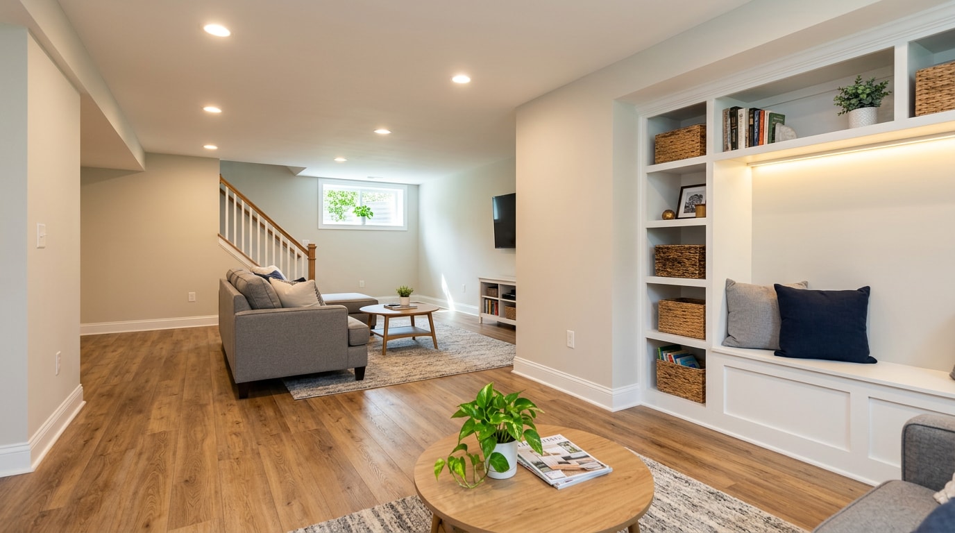 Finished basement interior fit-out construction in a Franklin Lakes, NJ home