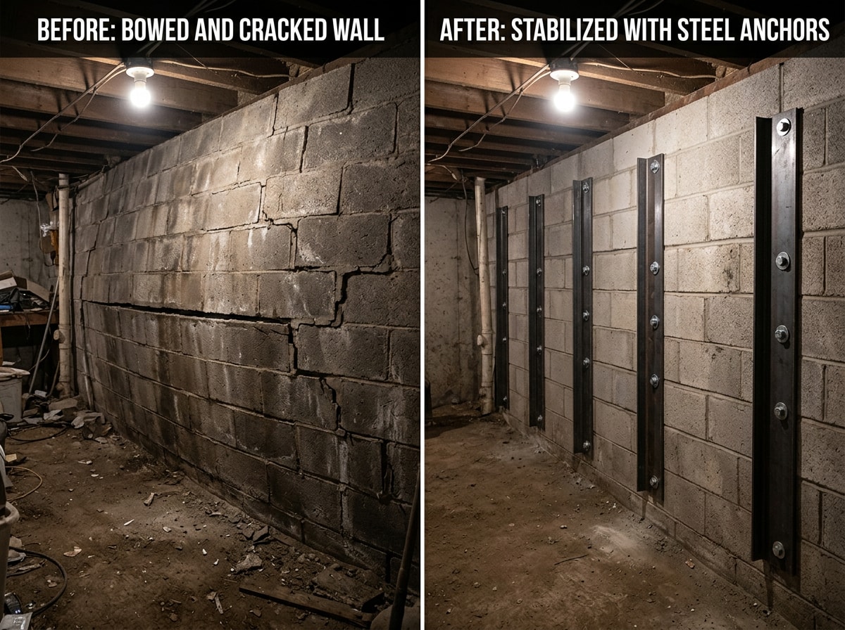 Before and after photo of a bowed foundation wall repaired with steel wall anchors in a Wyckoff, NJ basement