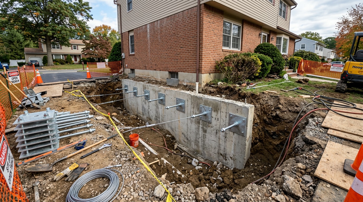 Foundation repair with steel wall anchors on a residential home foundation