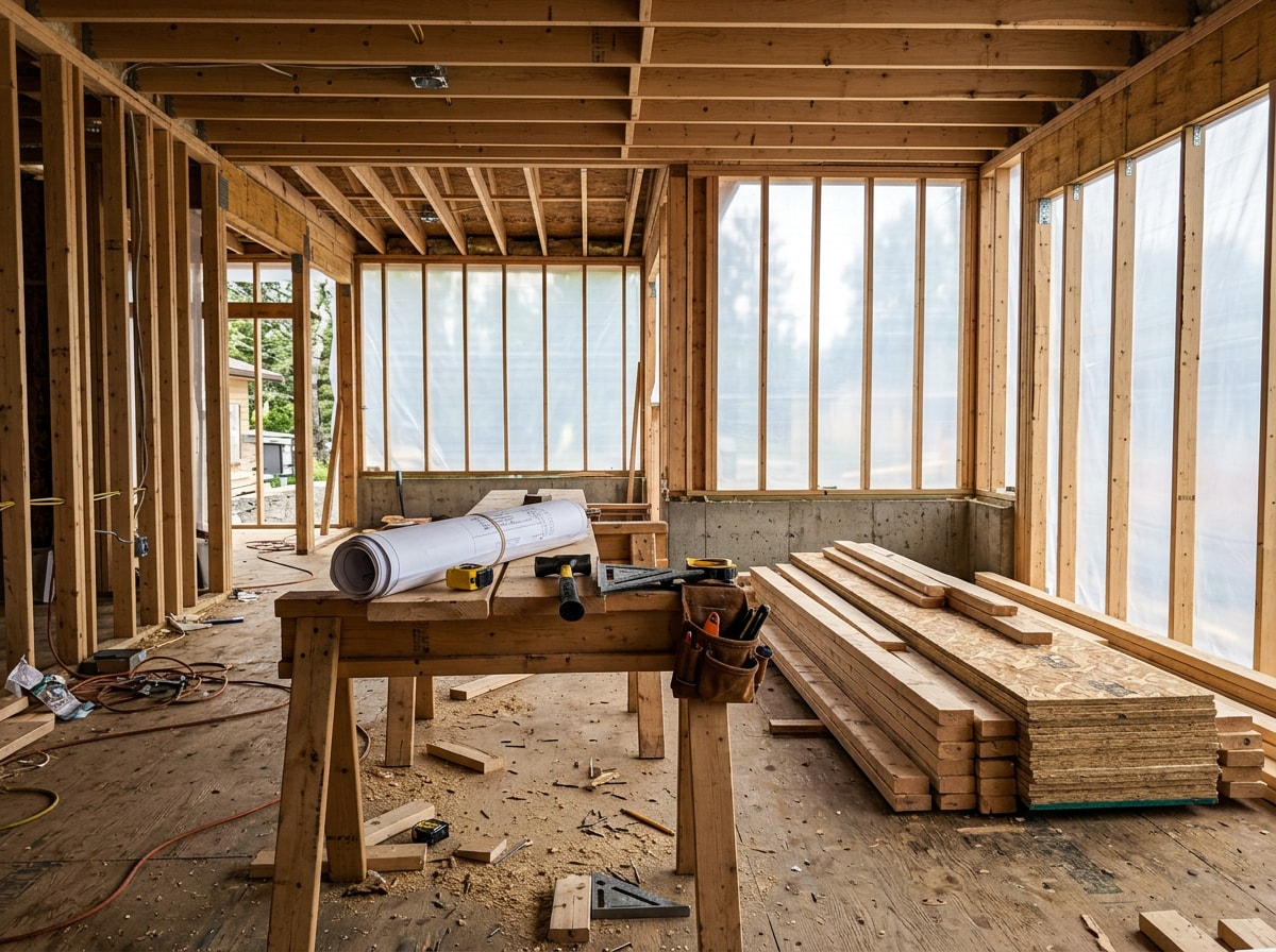 General foreman walking a residential construction site with blueprints, checking framing progress