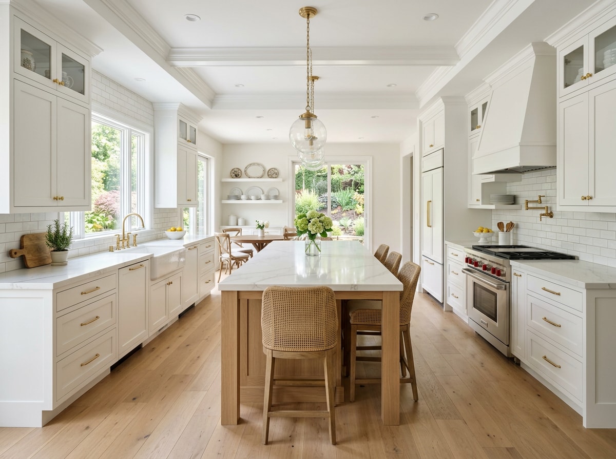 Finished kitchen remodel with custom cabinets, island, and tile backsplash in a Paramus, NJ home