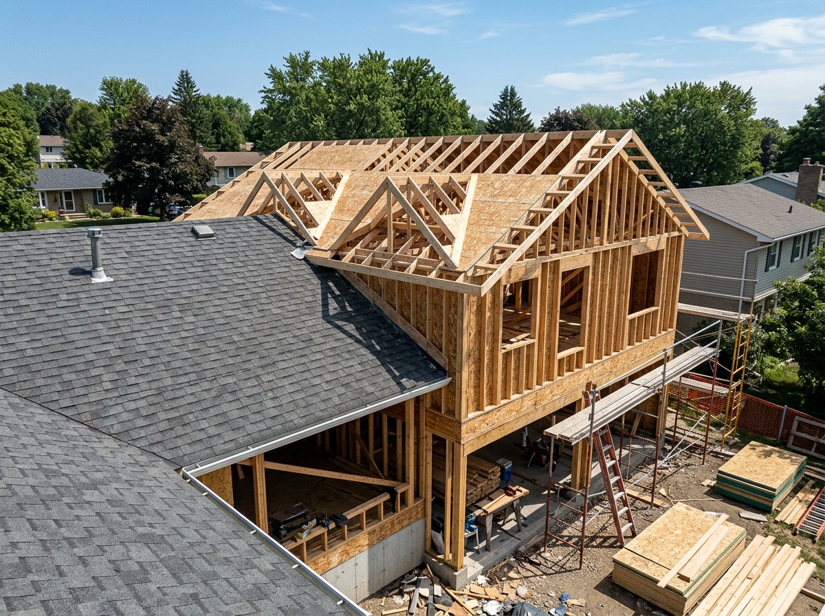 Framed second-story addition with new roof tie-in under construction on a Paramus, NJ home