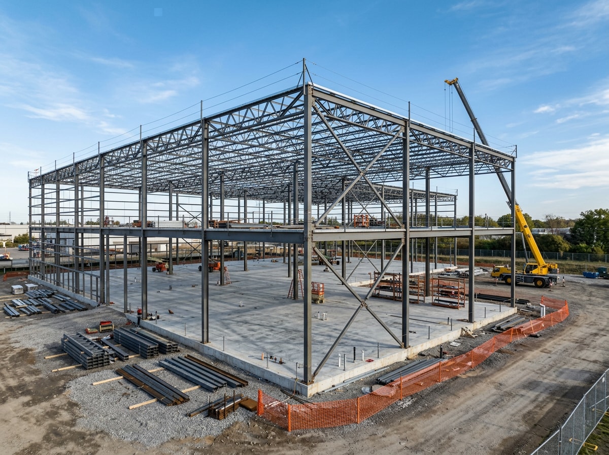 Steel-frame industrial warehouse under construction with exposed structural beams