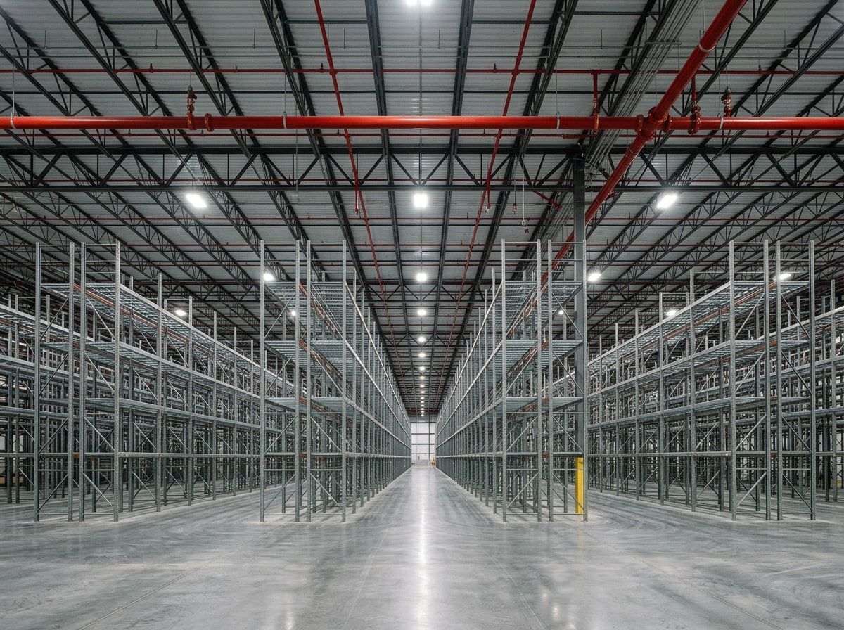 Warehouse interior with ESFR fire sprinkler system installed along high-rack storage