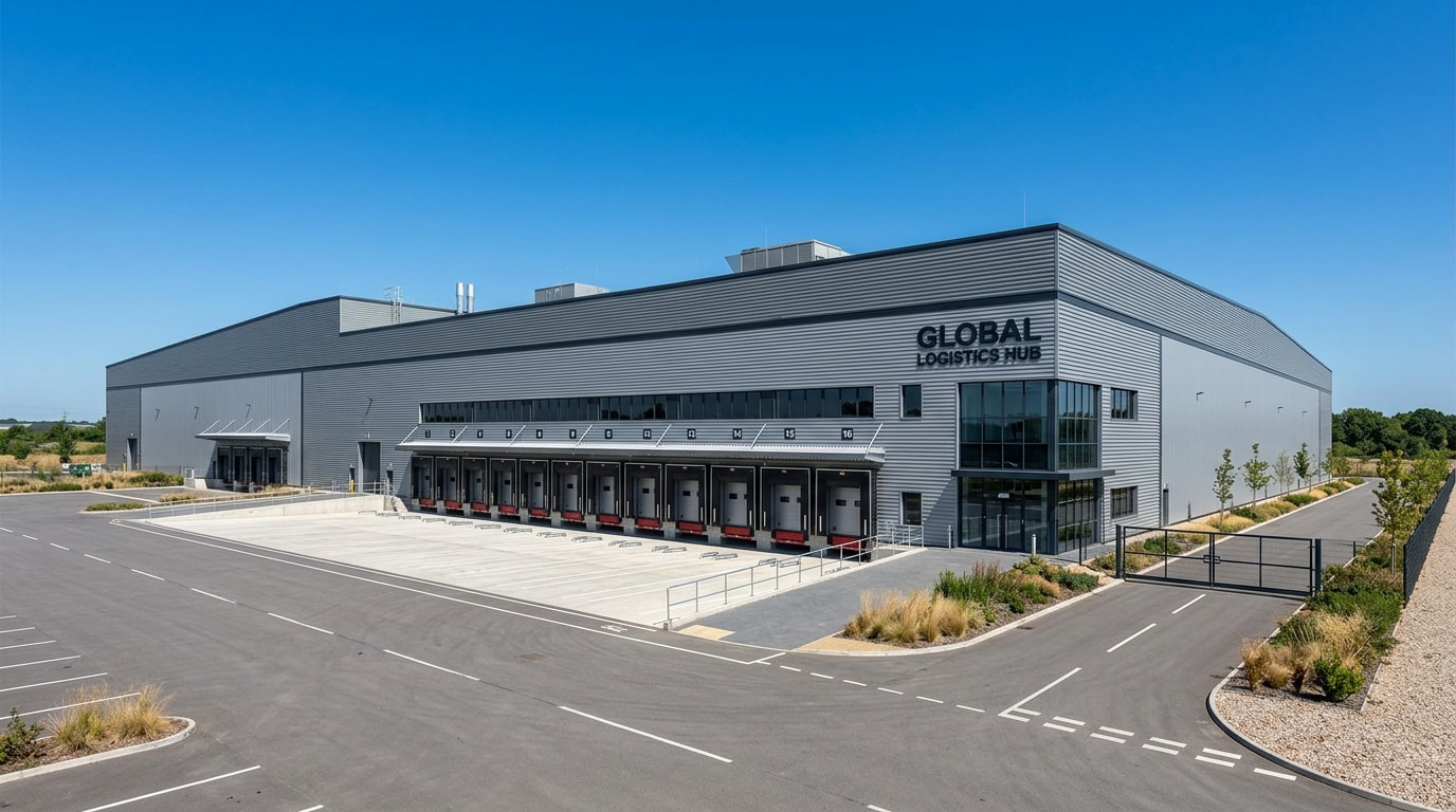 Modern industrial warehouse building exterior with loading docks in New Jersey