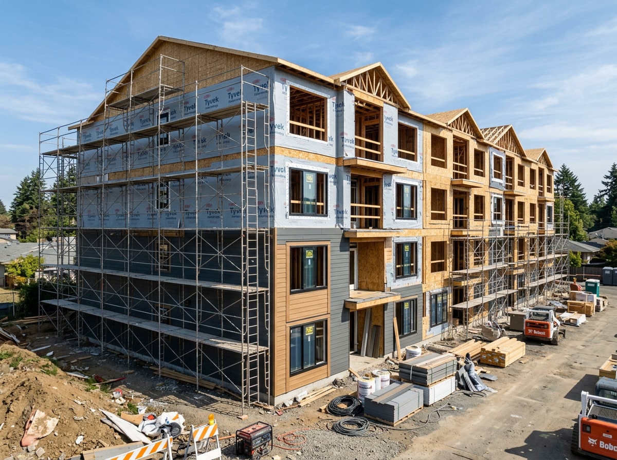 Multi-family apartment building exterior under construction with scaffolding and framed units