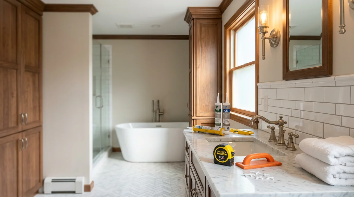 Renovated bathroom with new tile, fixtures, and modern lighting