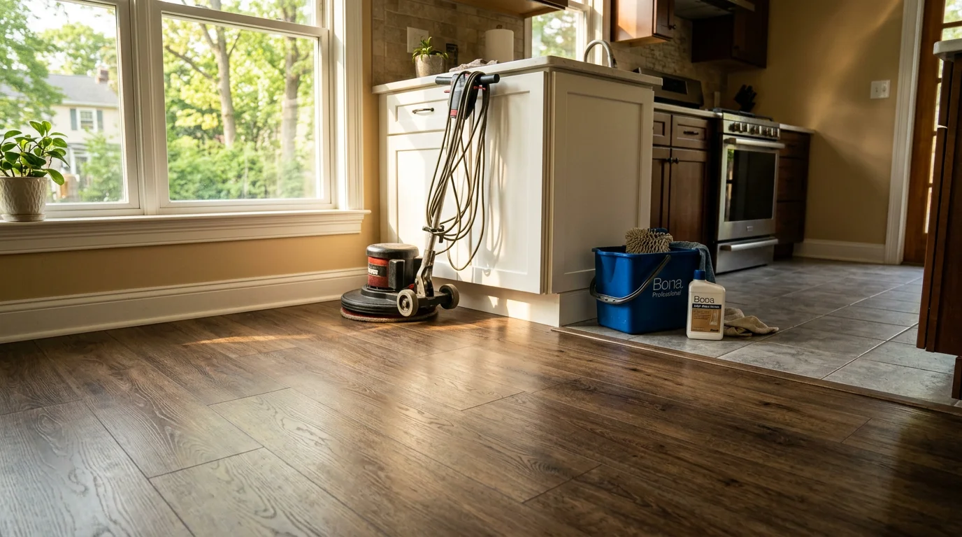 Living room with newly installed hardwood flooring
