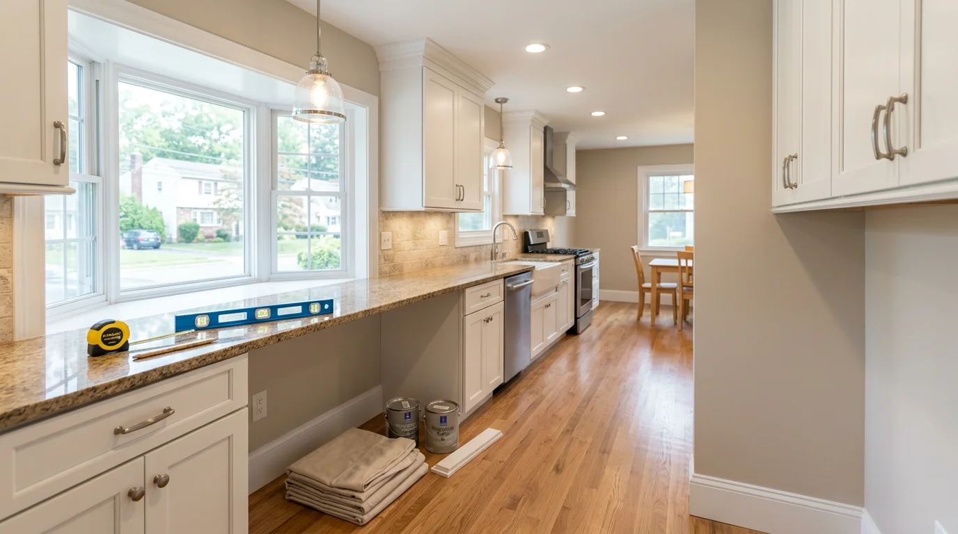 Modern kitchen with custom cabinets, granite countertops, and new flooring