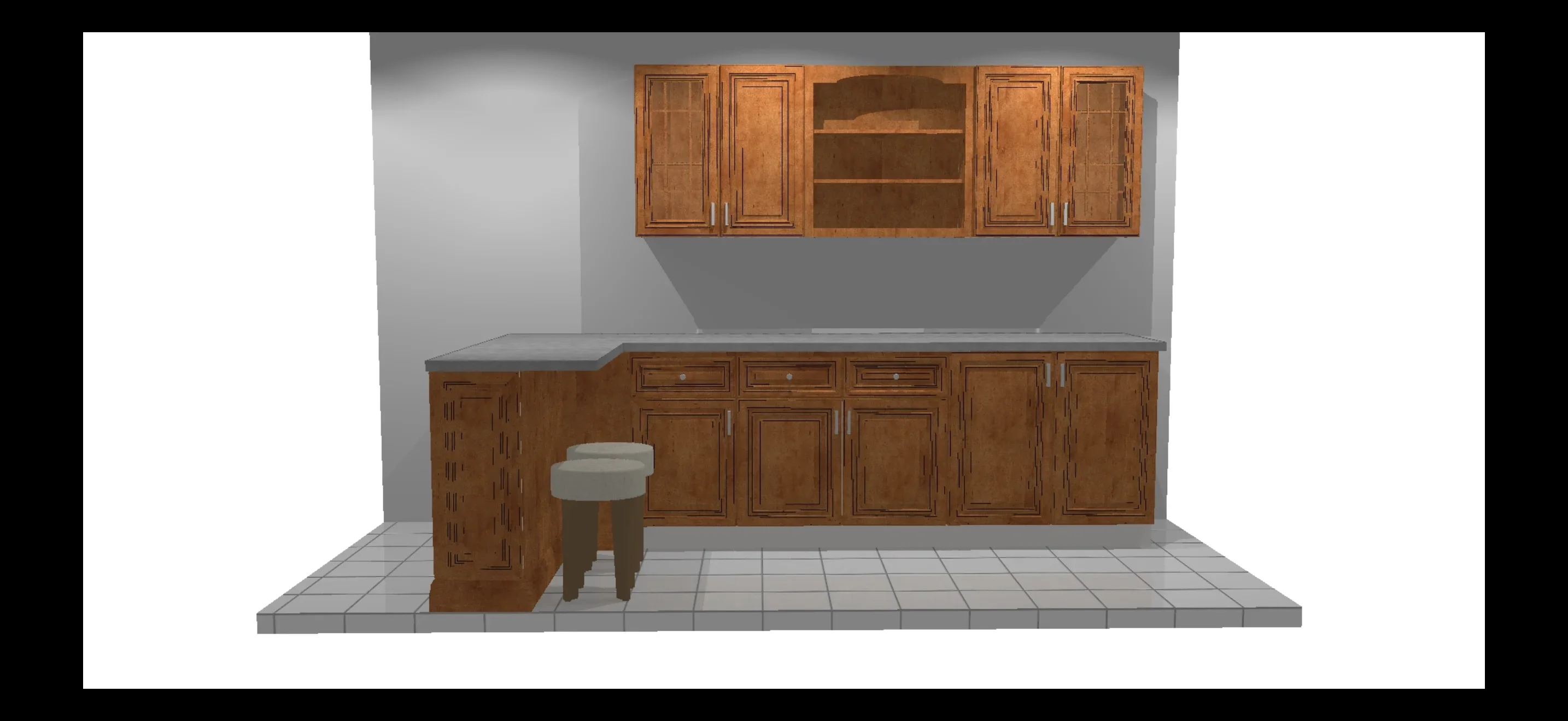 Custom wood kitchen cabinets with raised panels, drawers, and gray quartz countertop