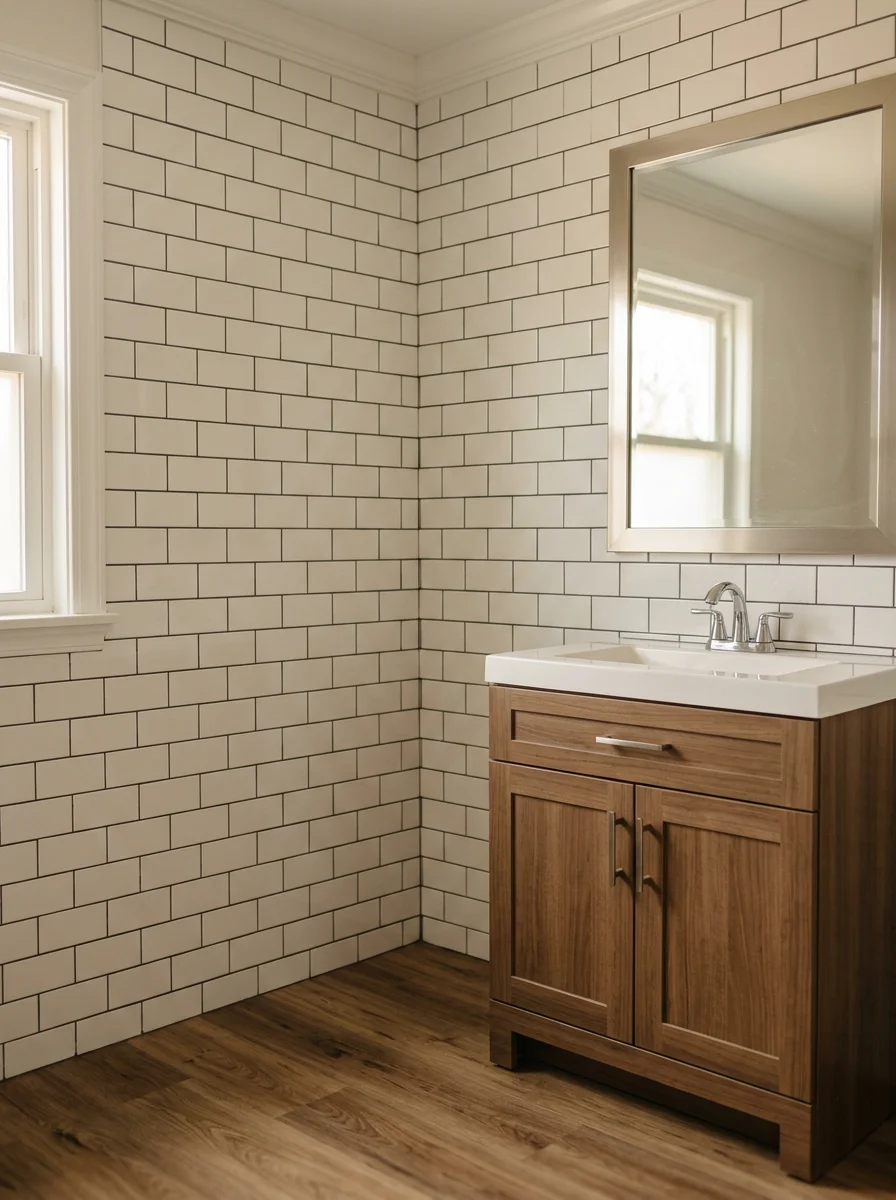 A renovated bathroom in a 1940s Clifton NJ home with new subway tile walls, a freestanding vanity, and LVP flooring replacing the original cracked linoleum.