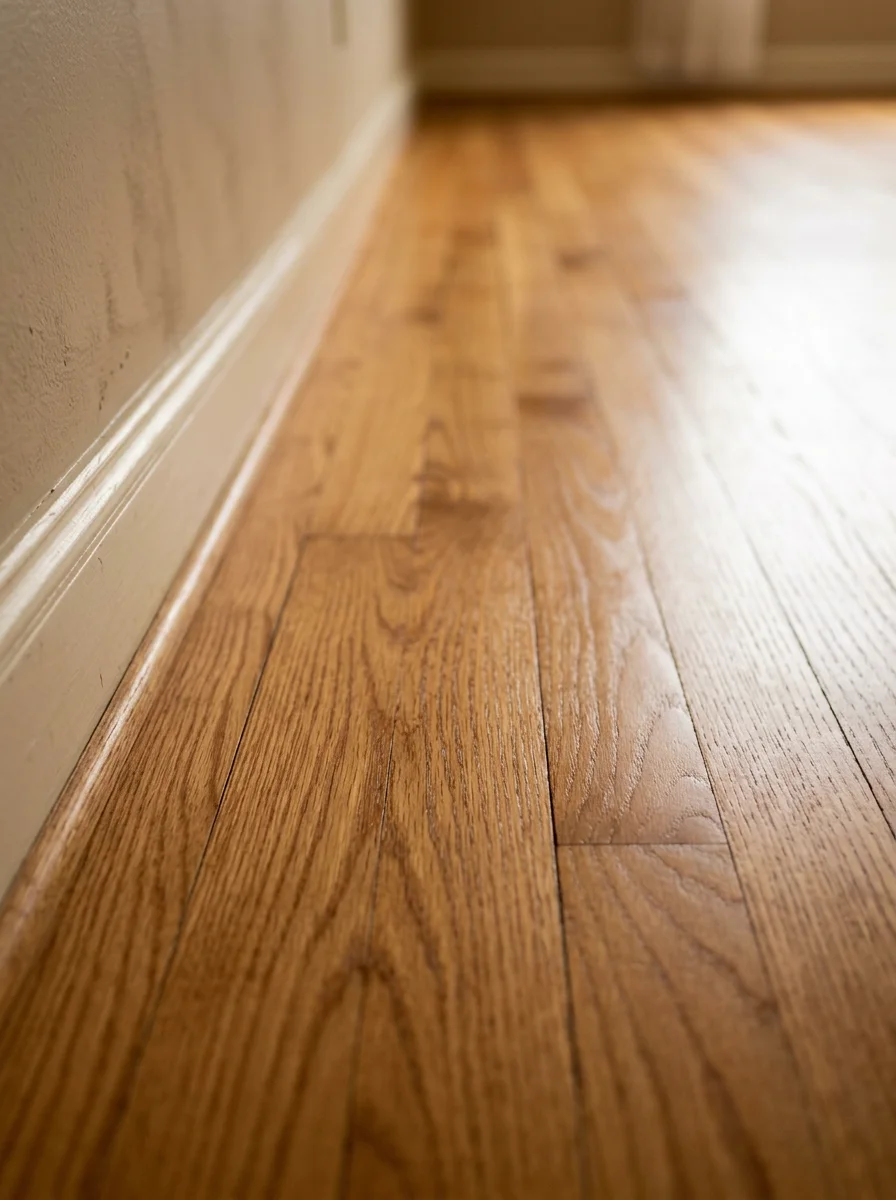 Close-up of a refinished oak hardwood floor inside a 1950s North Haledon home, showing tight grain and a smooth satin finish.