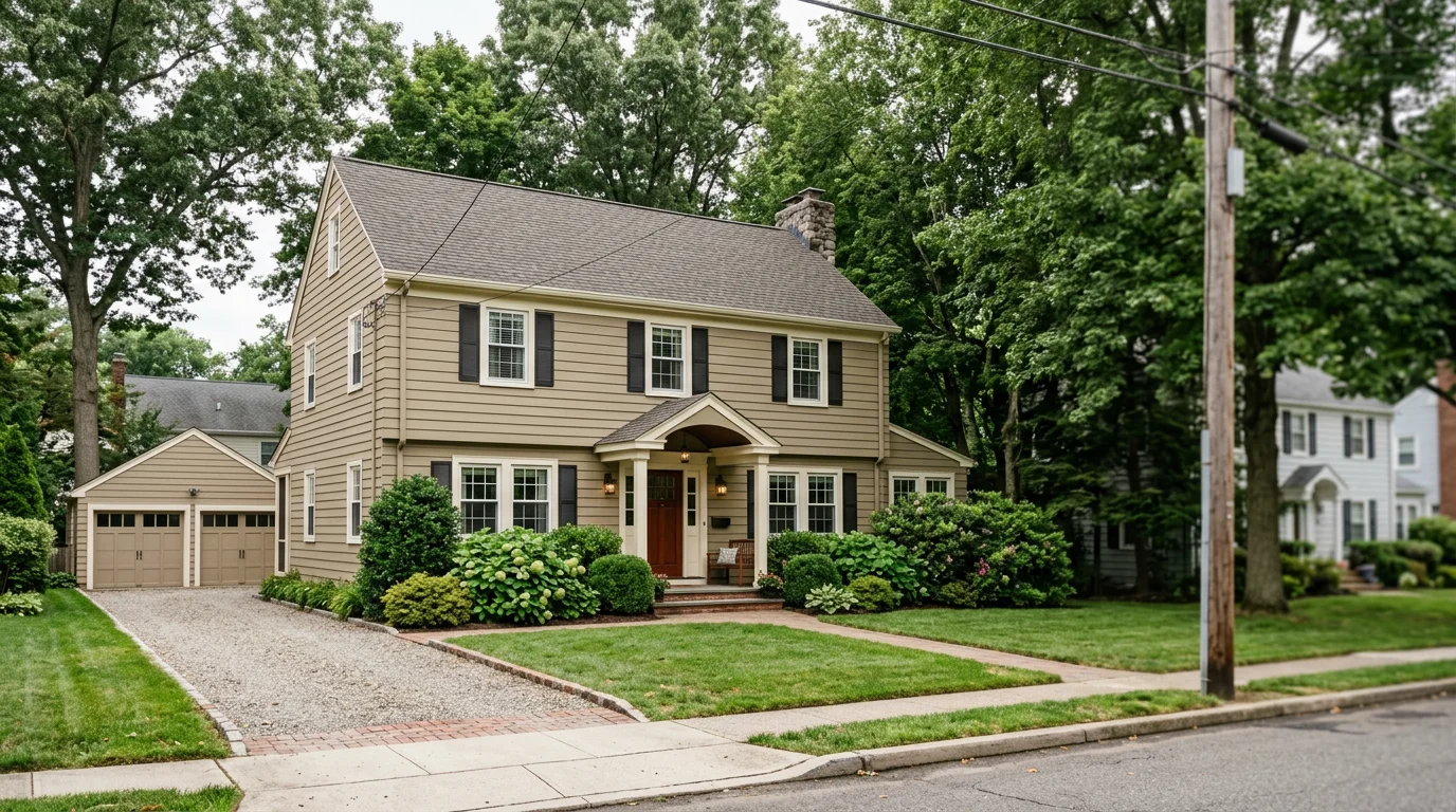 A mid-century single-family home in North Haledon, NJ with a newly installed architectural shingle roof and fresh exterior paint on original wood siding.