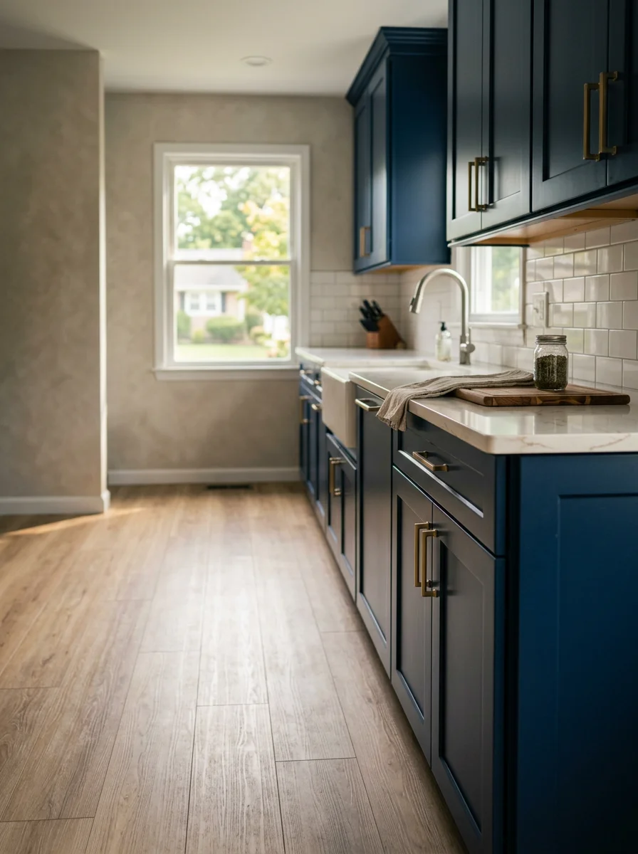 A remodeled open-concept kitchen inside a Paramus NJ ranch home featuring custom navy shaker cabinets, quartz countertops, and new LVP flooring replacing original vinyl tile.