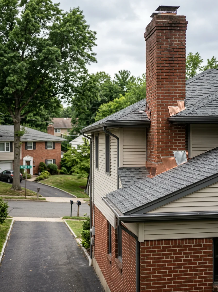 A Wayne NJ split-level home with a freshly installed architectural shingle roof showing clean ridge lines and new flashing around a brick chimney.