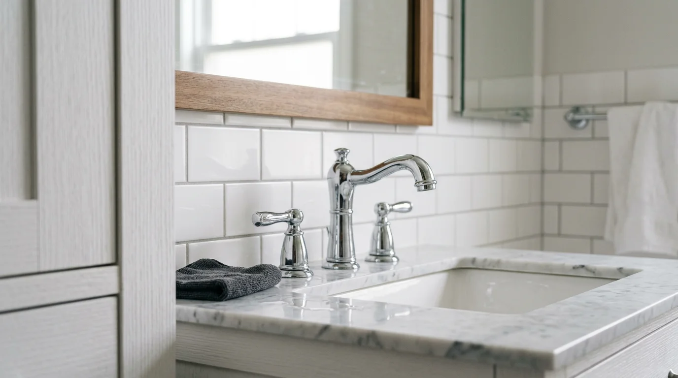 A newly installed bathroom sink and faucet in a North Haledon, NJ home, showing clean connections and finished vanity hardware. The fixture sits flush against the countertop with no visible gaps or old hardware remaining.