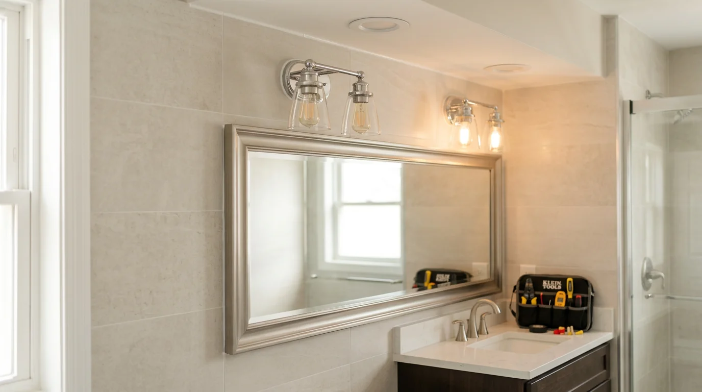 Newly installed vanity lighting and recessed ceiling fixtures in a remodeled bathroom in North Haledon, NJ. The fixtures provide even illumination across the mirror and shower area with clean, finished trim work.