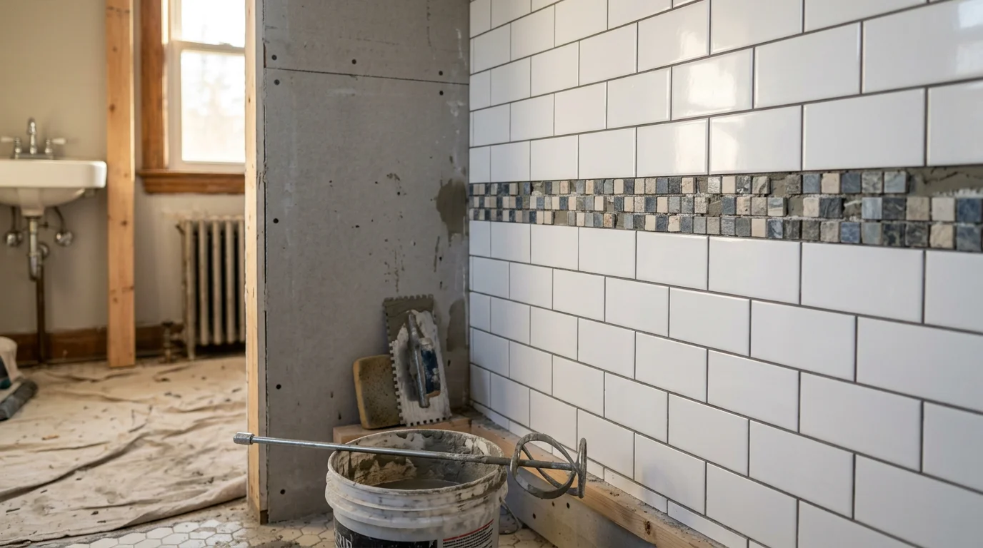 Freshly installed bathroom wall and floor tile in a North Haledon, NJ home, showing clean grout lines on a tiled shower surround and matching floor tile. The bathroom features a complete tile installation completed by Fahmi Home Solutions LLC.