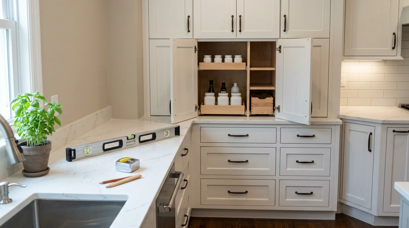 Newly installed custom kitchen cabinets in a North Haledon NJ home, showing upper and lower cabinet runs fitted to the wall layout with aligned doors and clean trim lines.