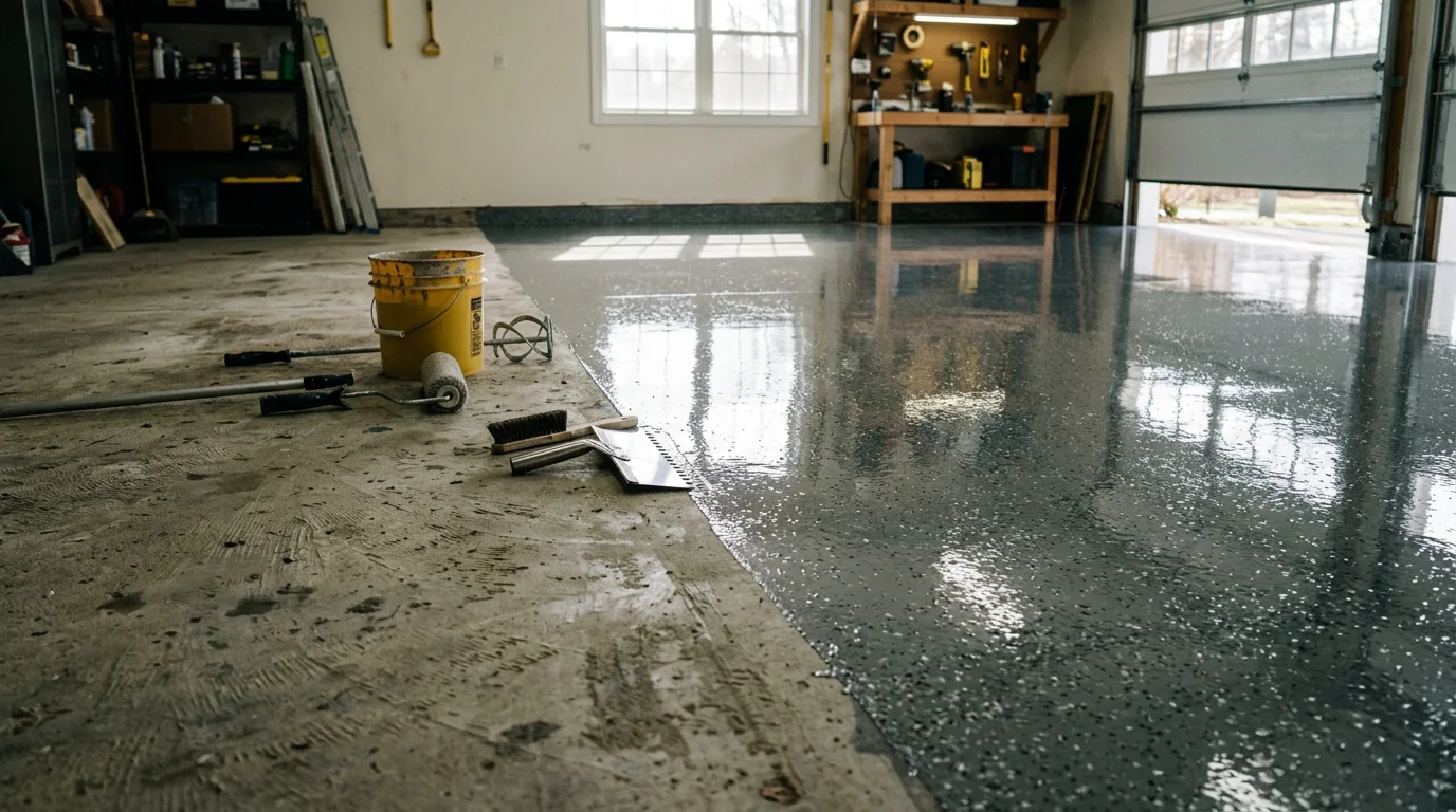 Freshly installed epoxy floor coating on a residential garage concrete slab in North Haledon, NJ, showing a smooth, sealed surface with a clean, finished appearance. The coated floor reflects overhead lighting and shows no cracks, stains, or bare concrete.