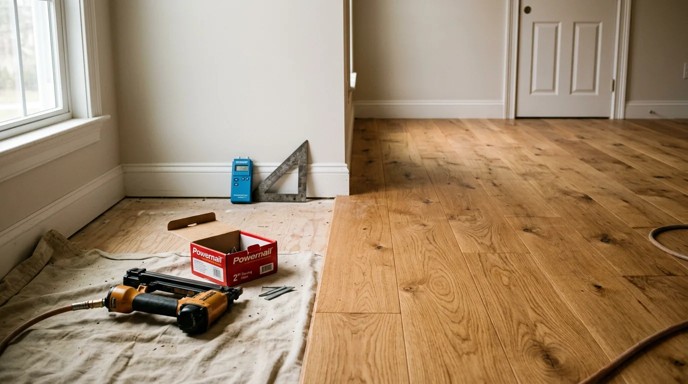 Newly installed hardwood floors in a North Haledon, NJ colonial-style home living room, showing tight plank seams and a clean finish along the baseboard trim.