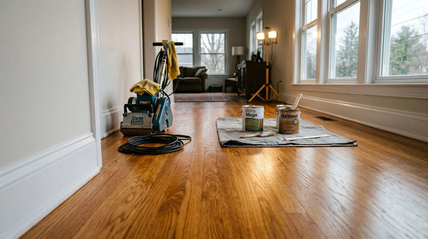 Freshly refinished hardwood floors in a North Haledon, NJ home showing smooth, even grain and a clean satin finish. The living room floor reflects natural light with no visible scratches or worn patches.