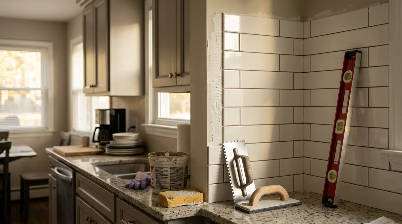 Freshly installed kitchen backsplash tile with tight grout lines in a North Haledon, NJ home. The tile runs from the countertop to the upper cabinets in a clean, level layout above the cooking area.