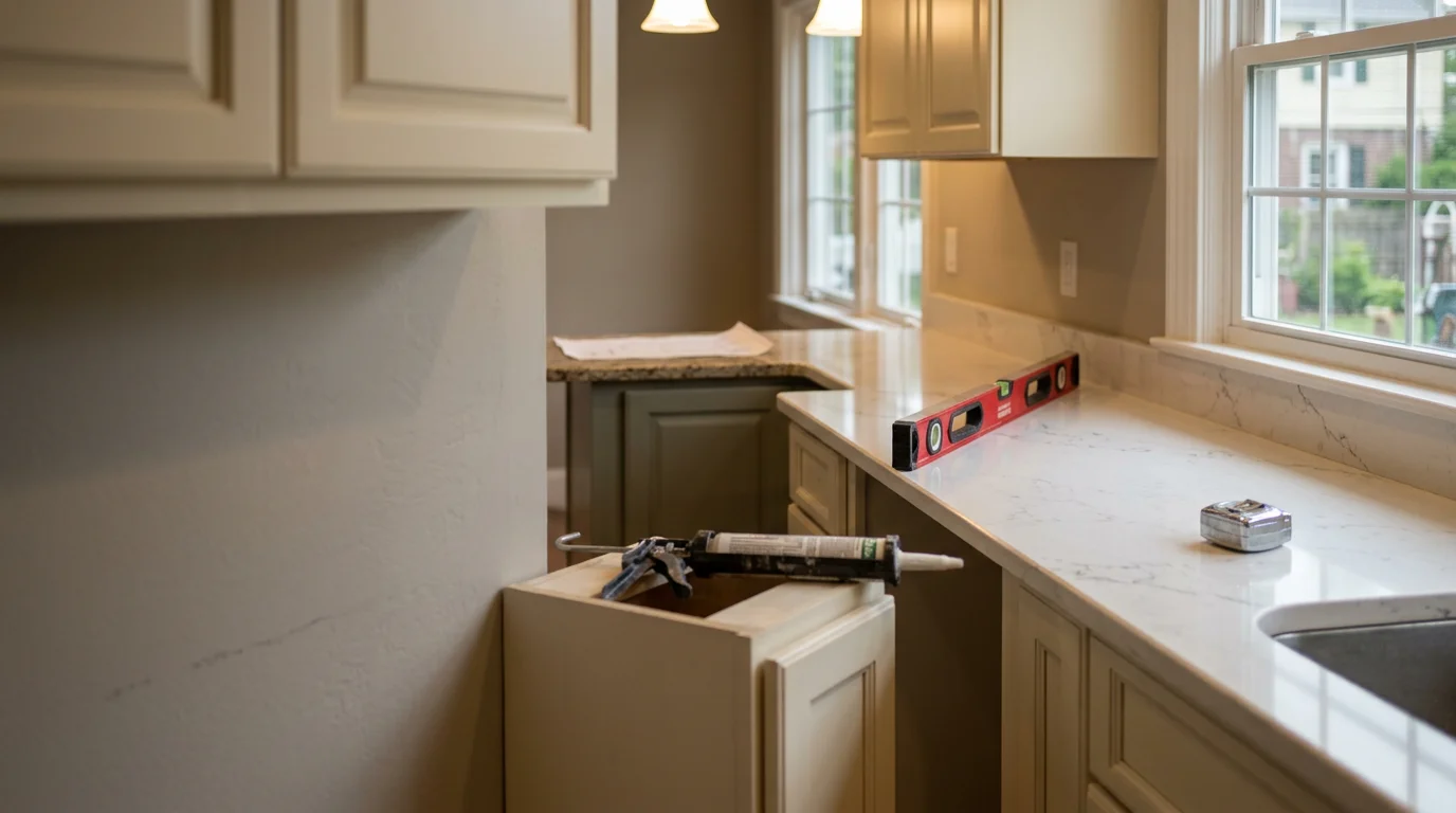 Newly installed kitchen countertop in a North Haledon, NJ home, showing a clean surface fit against white cabinets with a stainless steel sink cutout. The kitchen reflects a typical Passaic County colonial-style layout with natural light from a window above the sink.