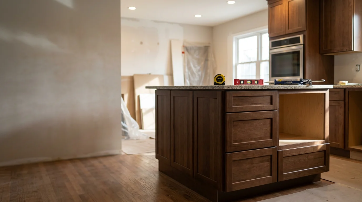 A newly installed custom kitchen island with built-in cabinet storage and a finished countertop surface in a single-family home in North Haledon, NJ. The island is centered in the kitchen with clear walking space on all sides and cabinetry that matches the surrounding kitchen finish.
