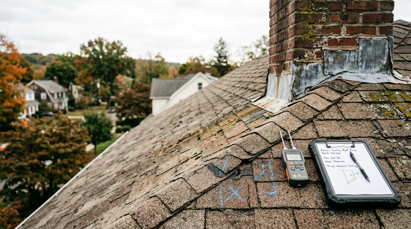A roofing contractor from Fahmi Home Solutions LLC inspecting the ridge cap and chimney flashing on a single-family home in North Haledon, NJ. The inspection covers shingle condition and flashing integrity on a hilltop residential property in Passaic County.