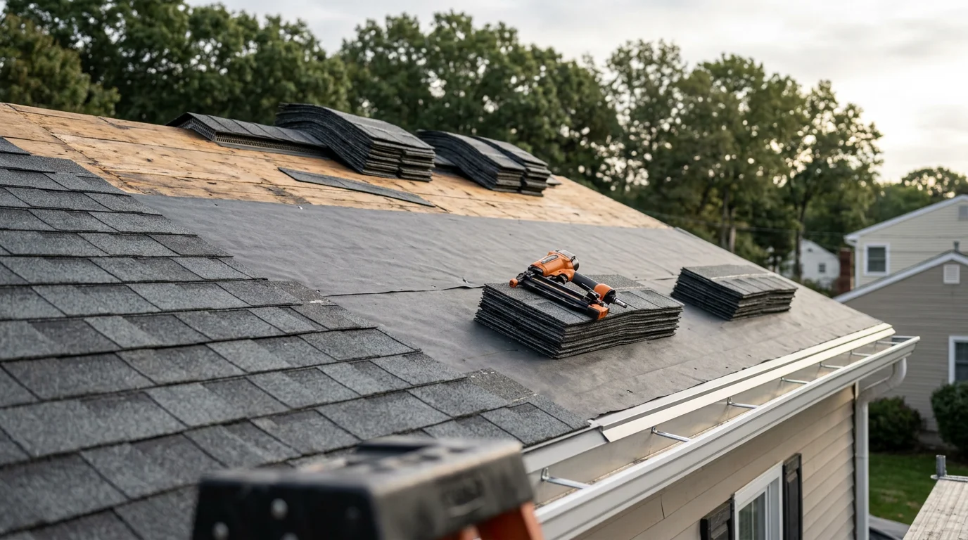 A completed new roof installation on a residential home in North Haledon, NJ, showing clean roofline and finished ridge against a suburban neighborhood backdrop. The home sits on an elevated lot typical of Passaic County, with surrounding tree-lined streets visible.
