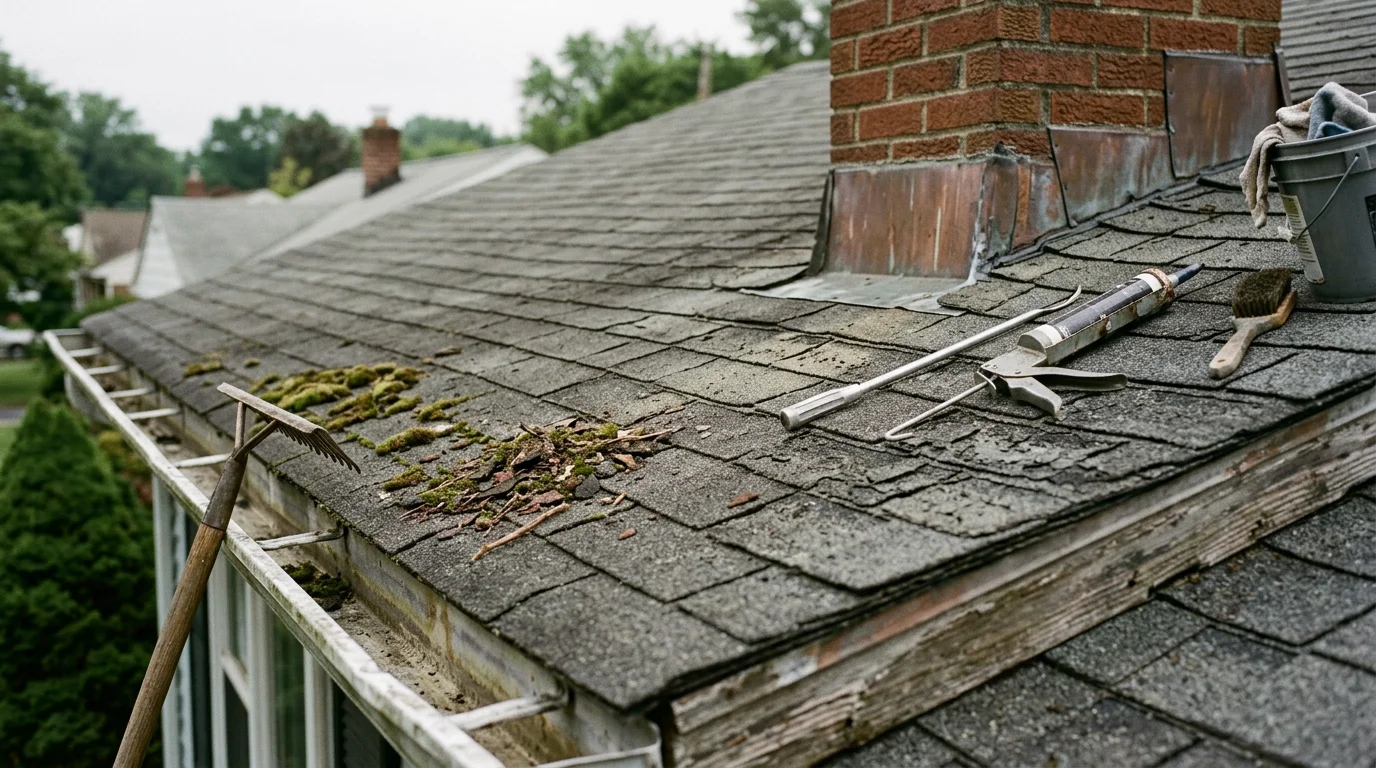 A roofing contractor performing maintenance on a single-family home in North Haledon, NJ, clearing debris from the roof surface and inspecting flashing along the chimney base.