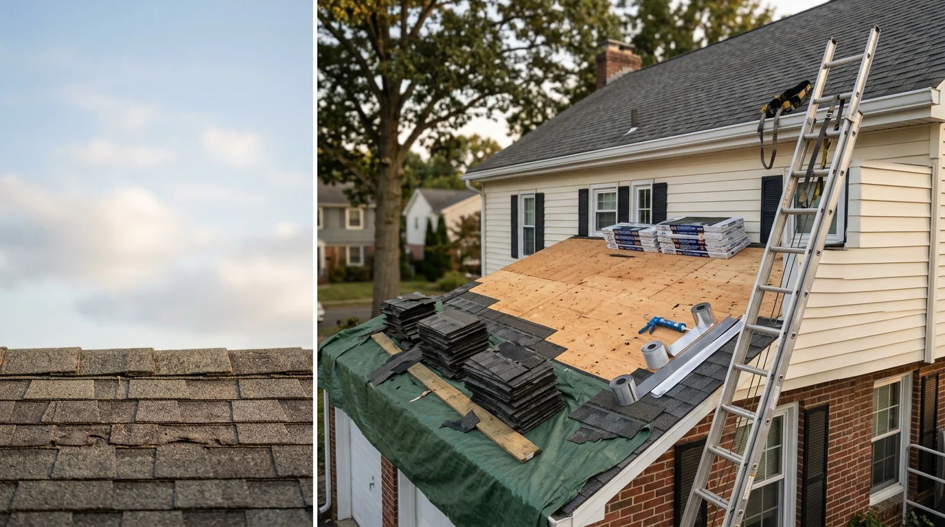 A repaired residential roof on a single-family home in North Haledon, NJ, showing restored shingles and sealed chimney flashing after storm damage. Close-up view of the completed repair area against a suburban neighborhood backdrop.