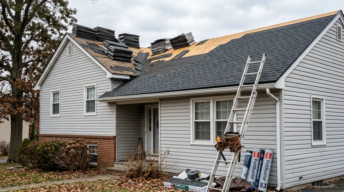 A completed roof replacement on a residential colonial-style home in North Haledon, NJ, showing clean new shingles across the full roofline with a tree-lined suburban street in the background.