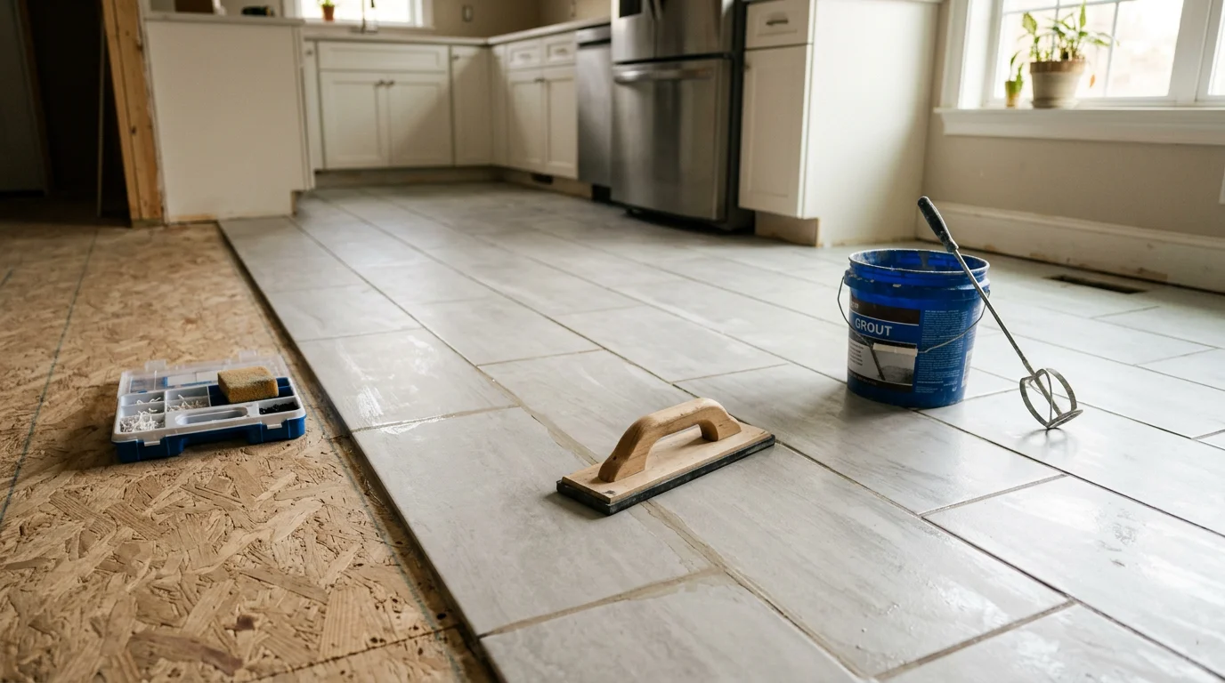 Newly installed tile floor in a North Haledon, NJ home showing clean grout lines and a level surface across a kitchen and entryway. The finished floor reflects careful subfloor preparation and precise tile layout by Fahmi Home Solutions LLC.