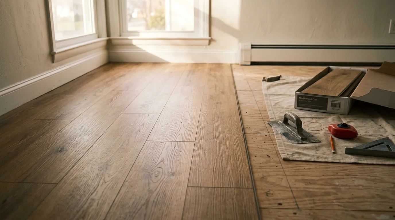 Freshly installed vinyl plank flooring in a single-family home in North Haledon, NJ, showing tight seams and a clean wood-look finish across an open living area. The floor runs wall to wall with precise cuts around door frames and baseboards.